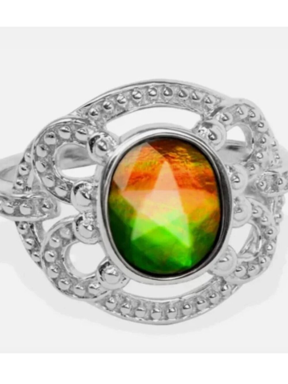 Korite Natural Canadian Ammolite Ring, Oval Faceted Sterling Silver Genuine 6.5